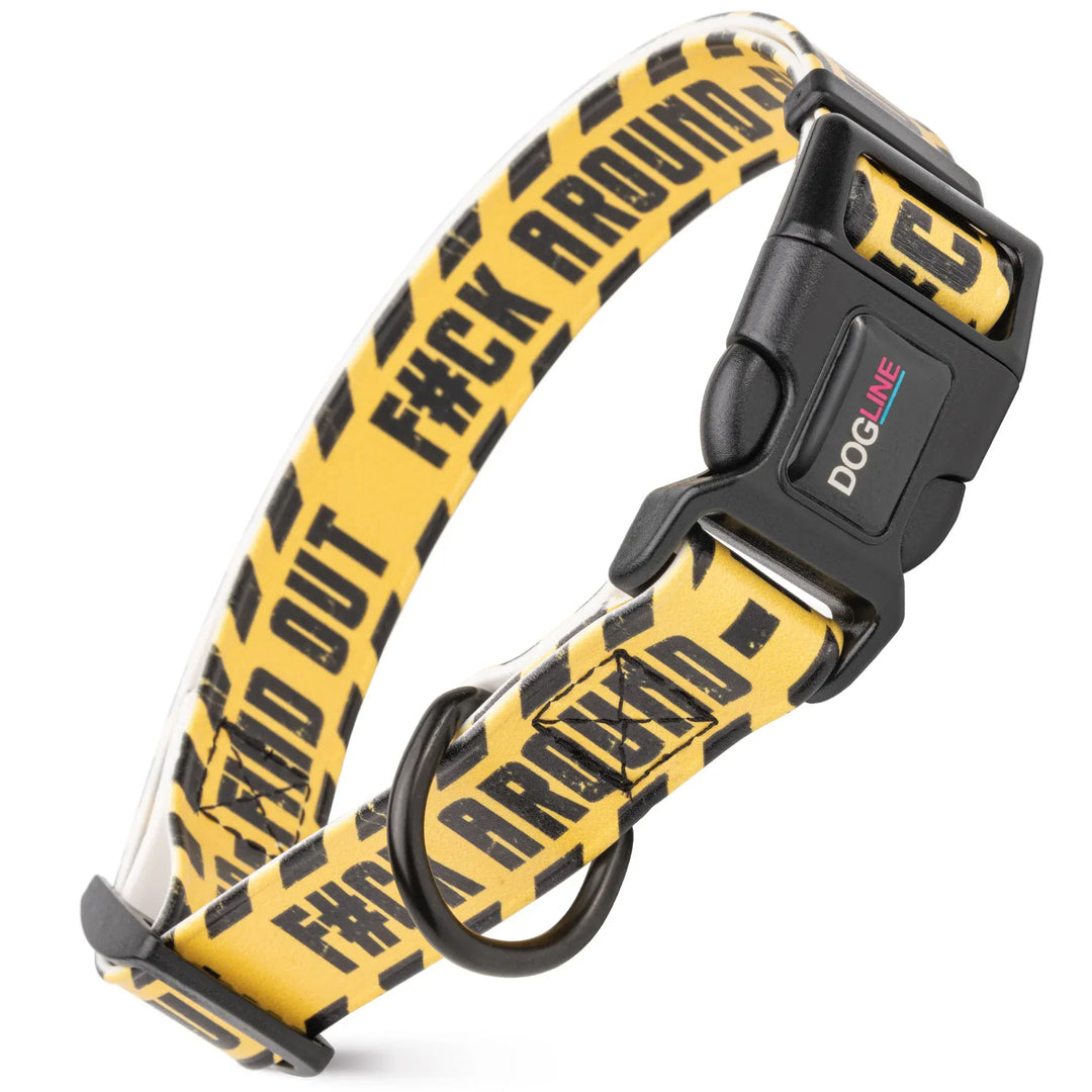 Yellow and black collar with f-around caution letters