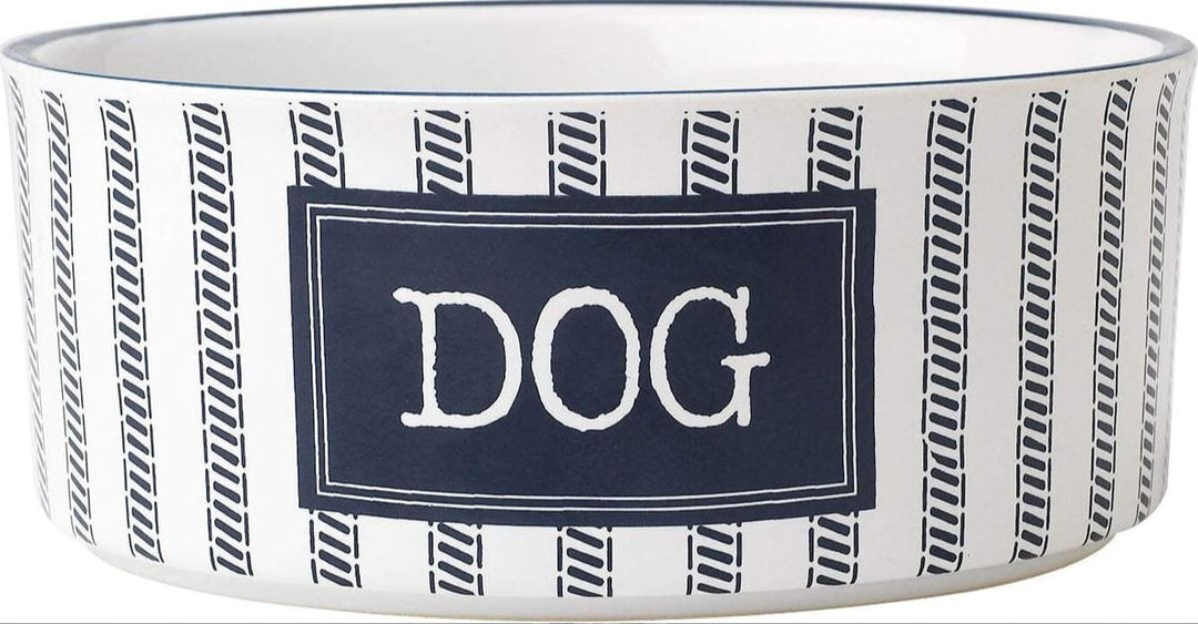 large ceramic petrageous  white blue dog bowl