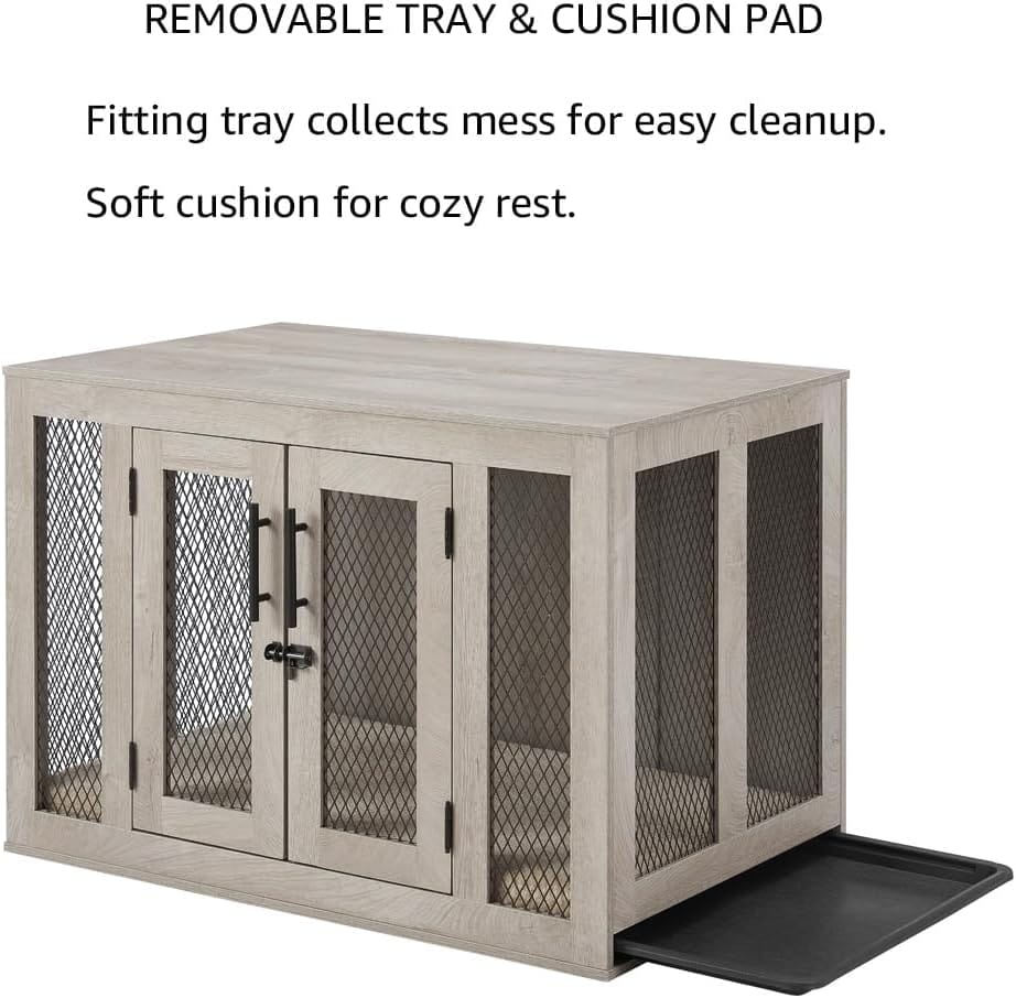gray 2 door dog crate with comfort mat and removable cleaning tray