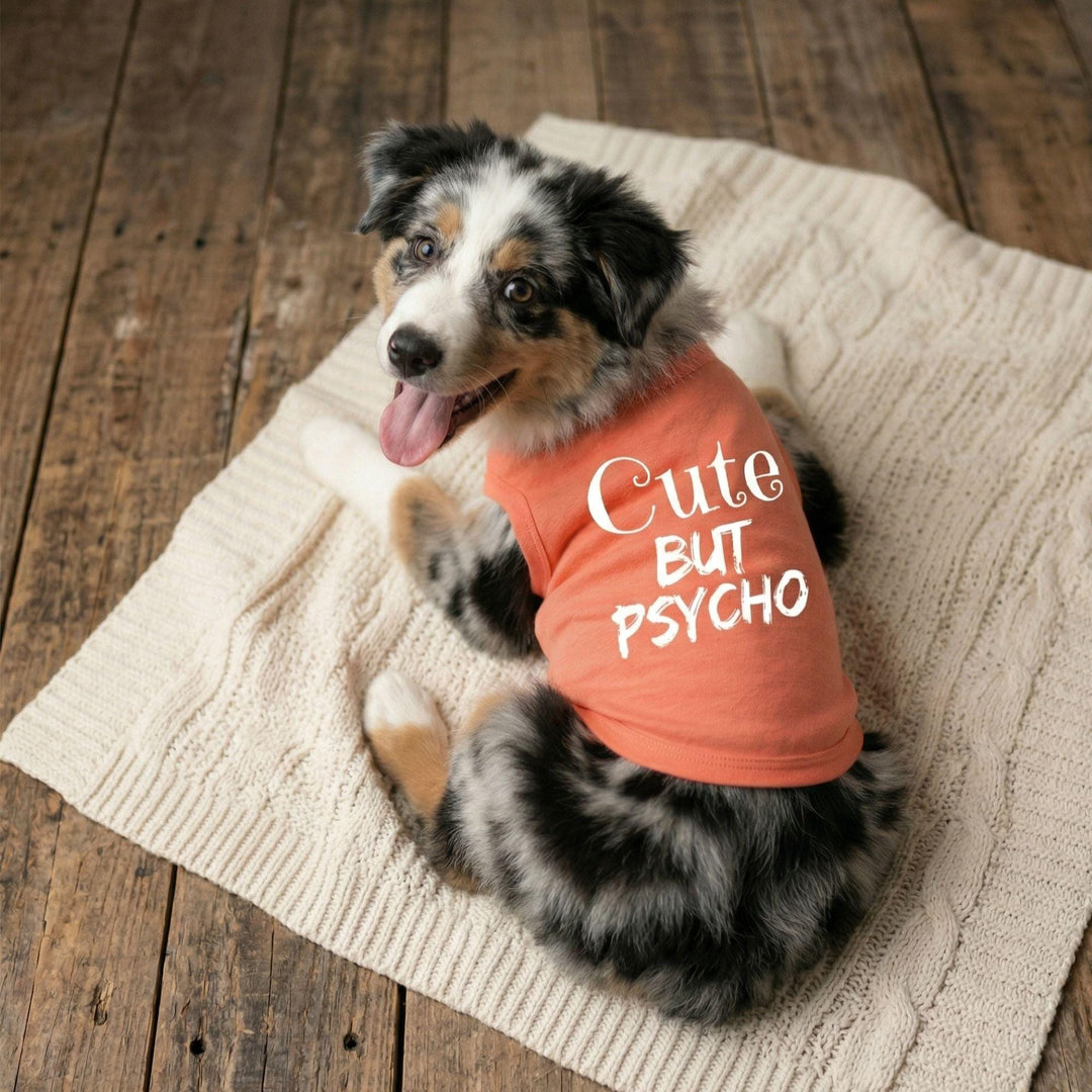 Dog wearing a pink shirt with 'Cute But Psycho' text on a wooden floor.