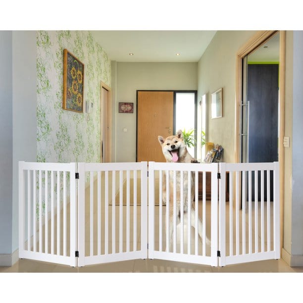 indoor wood dog gate white-extra-wide-folds for storage