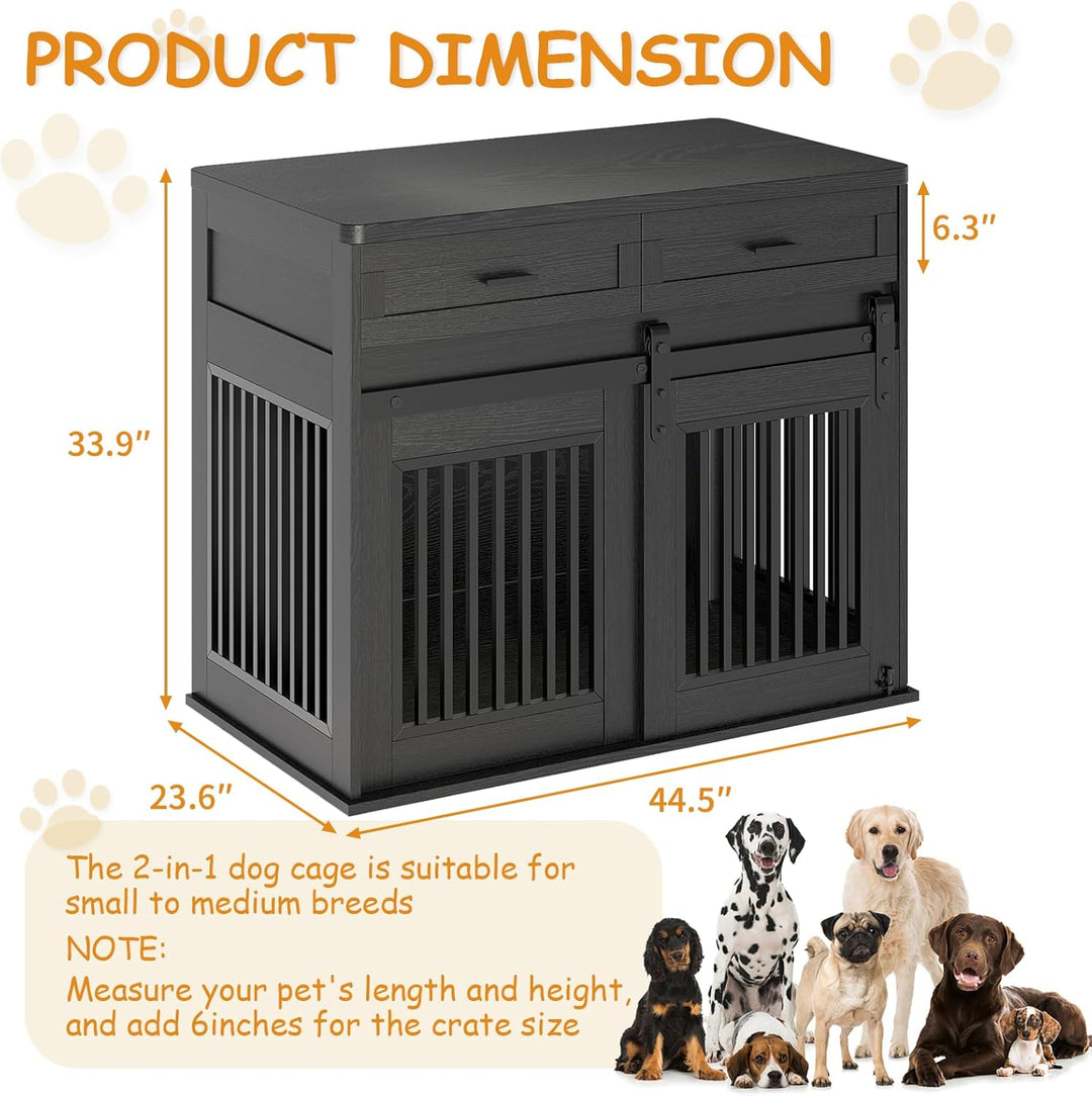 barndoor dog crate in black finsh with 2 convenience drawers