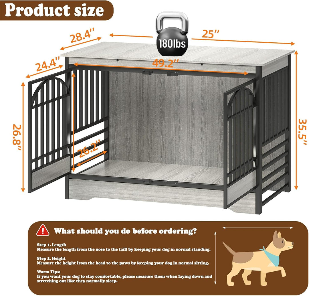  dimensions length, height, and width. The crate is shown in a light gray wood-look finish with dark gray metal framing and a 180 lbs weightsupport.
