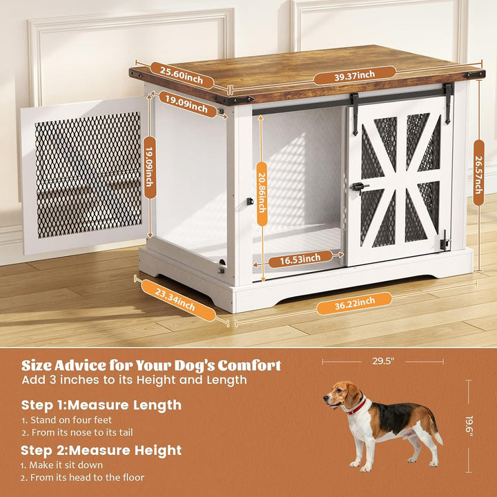 furniture dog crate with barn door and mesh screens -white