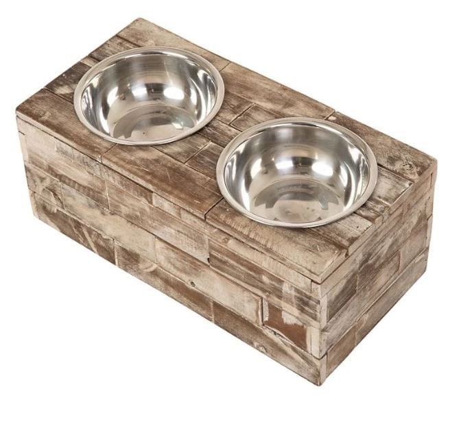 recycled wood pet feeder w stainless steel bowls -top view