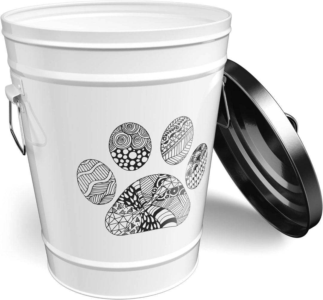 steel dog-food-canister-white with lid and paw graphics