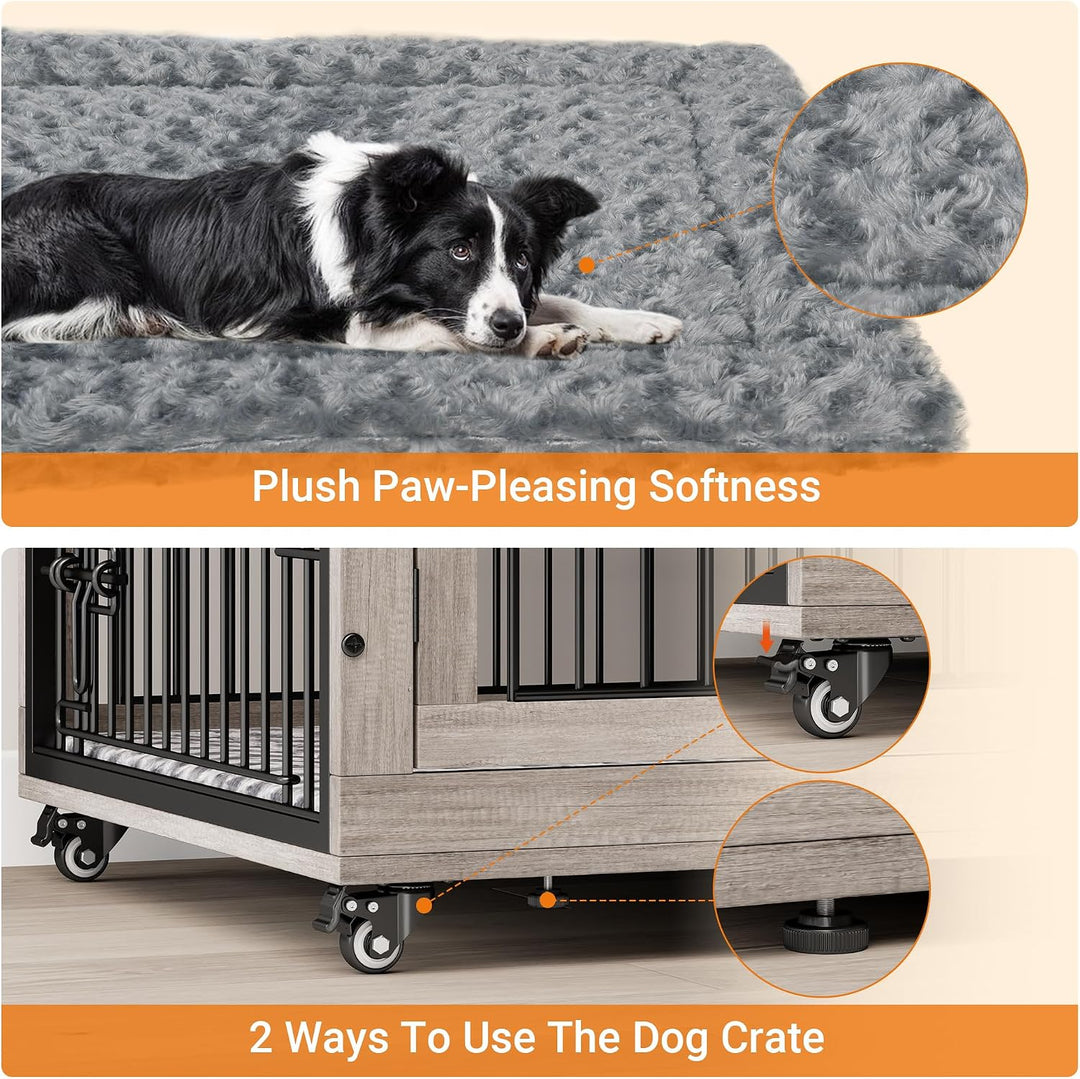 included plush gray mat with a dog crate and wheels shown