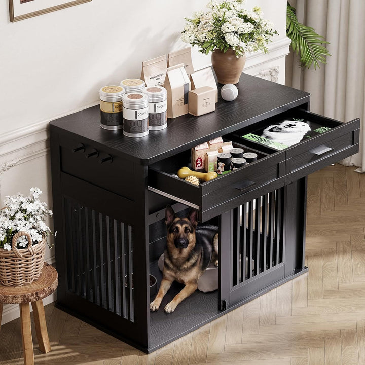 black furniture dog crate with 2 drawers