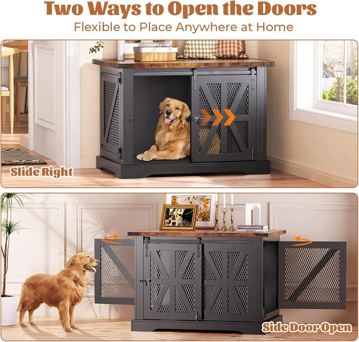 sliding door medium dog crate with wood top. black