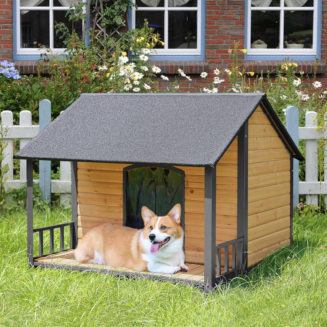 wooden irom frame dog house with covered porch and a waterproof asphalt roof