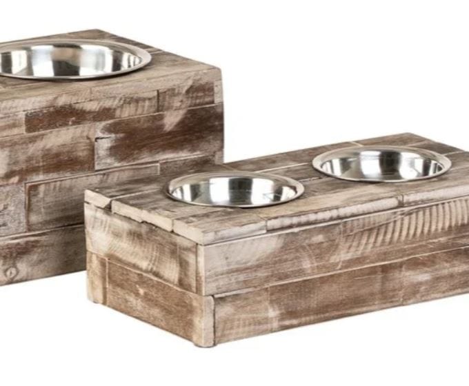 solid recycled elevated wood dog feeder 2 bowl