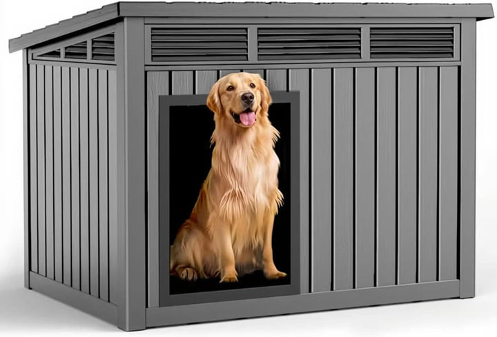Gray dog house with a picture of a golden retriever on a white background