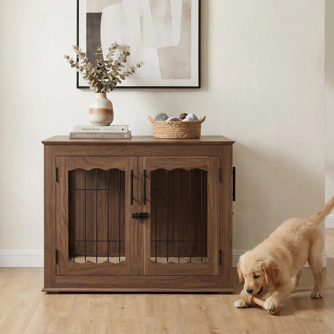decorator indoor medium dog crate -walnut