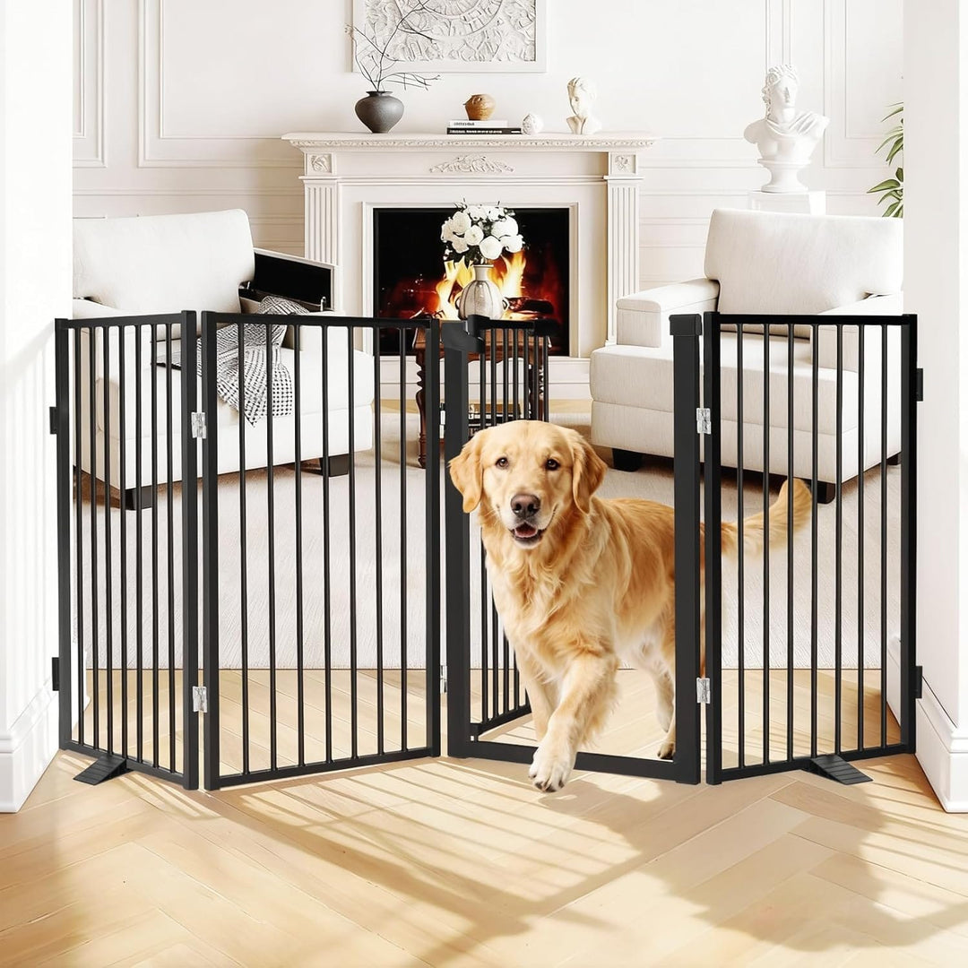 freestanding black dog gate with door