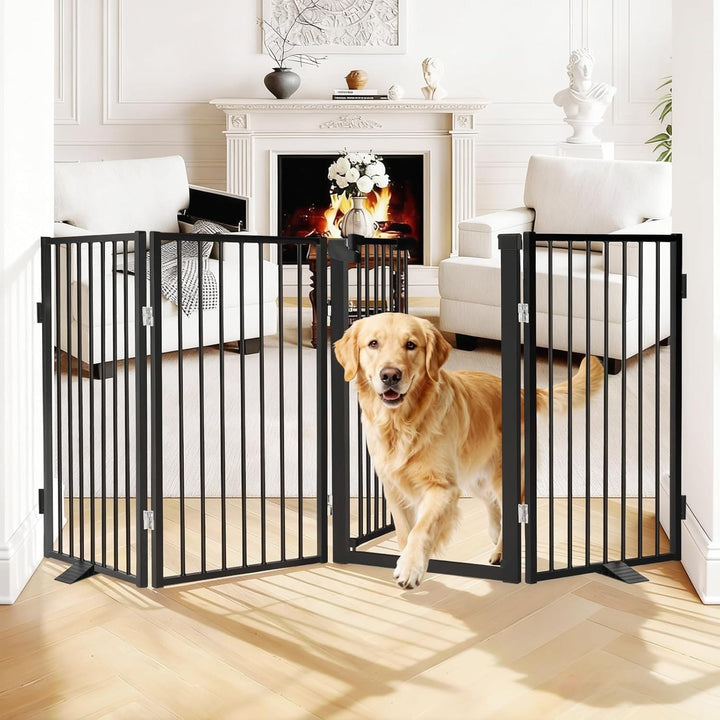 freestanding black dog gate with door