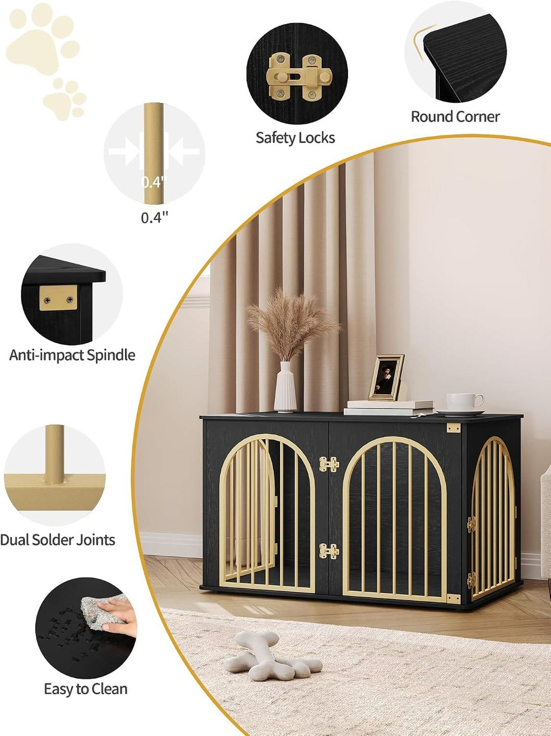 Pet gate with safety features and design details in a home setting