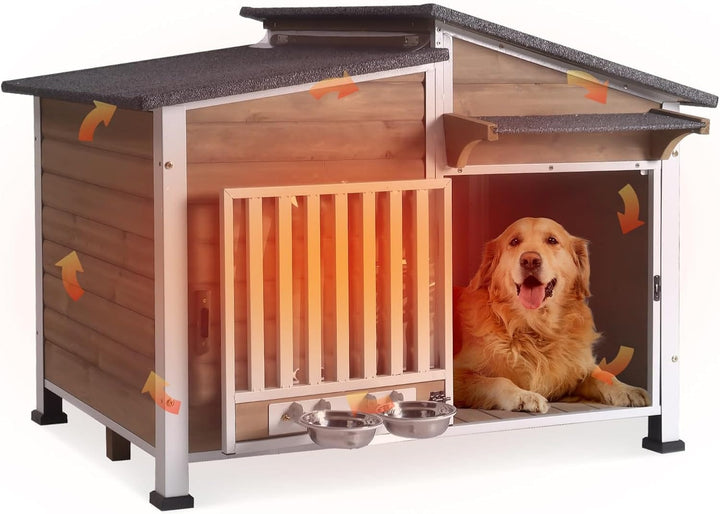 Insulated Wooden dog house with a dog inside, featuring a door open and bowls visible.