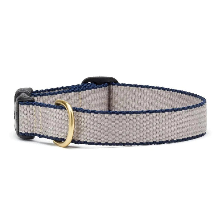 graycollar with brass hardware and navy accent trim