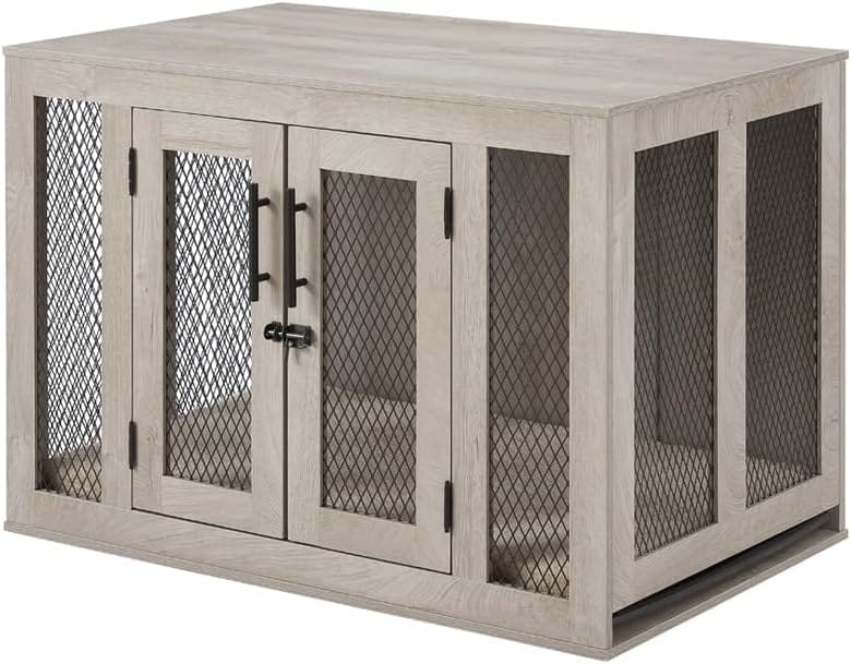 gray 2 door indoor dog crate with mat and cleaning tray