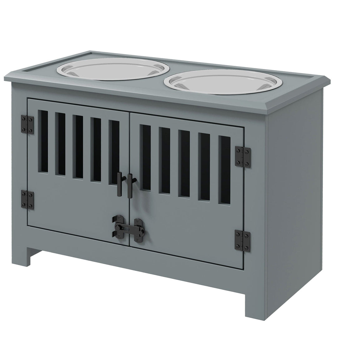 gray dog feeding station with doors