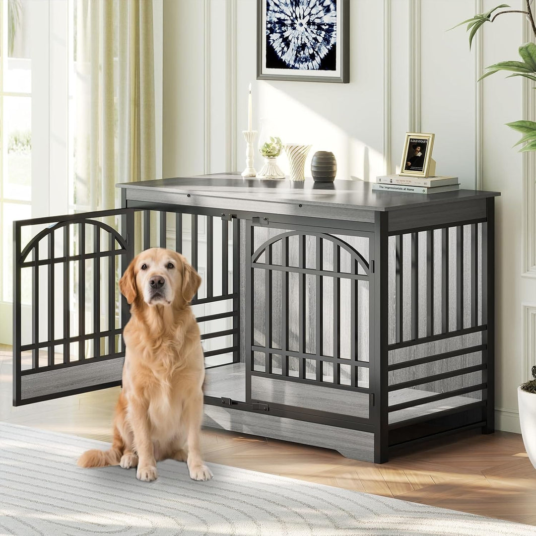 metal decorative dog crate with grey wood accents to become a furniture piece blending with  home decor