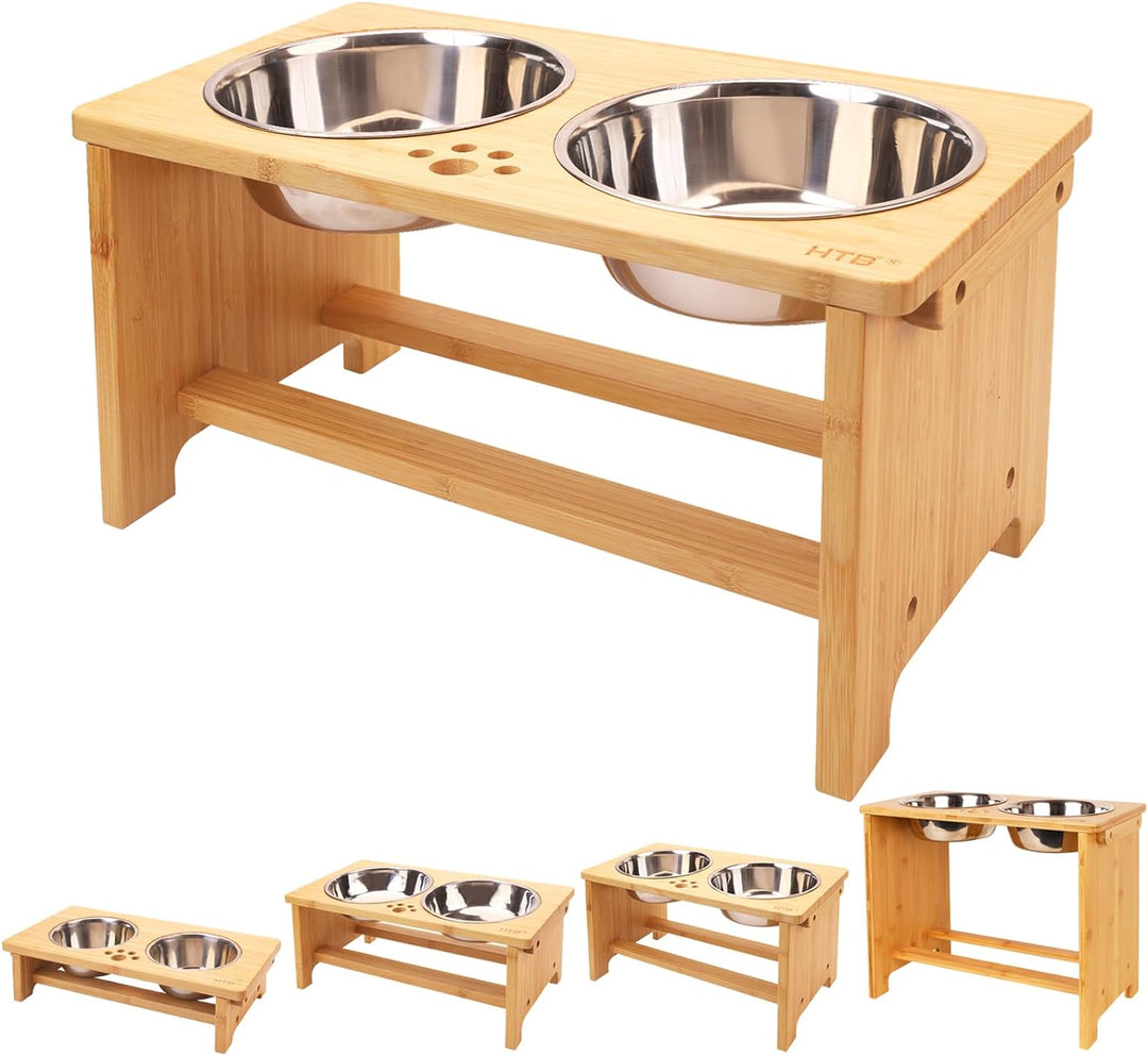 Wooden pet feeding station with two stainless steel bowls on a white background