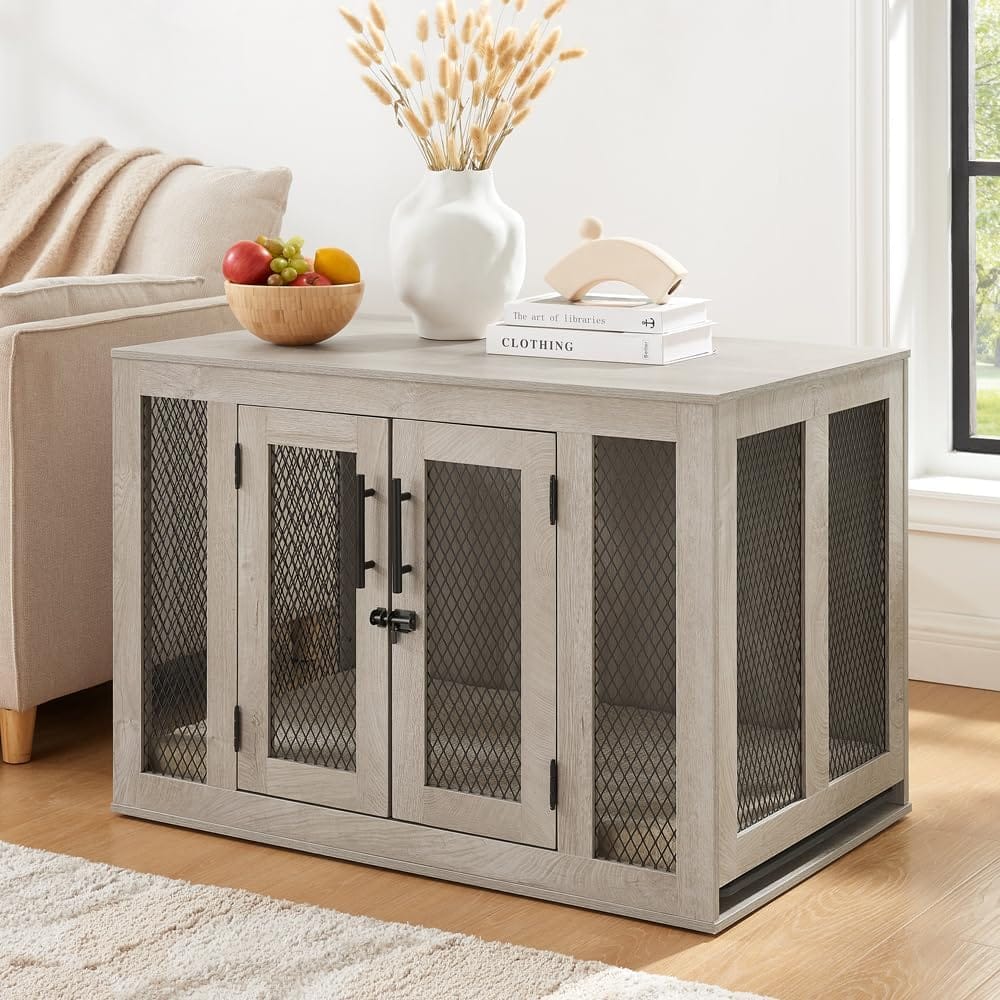 gray antique finish indoor dog crate with mat and cleaning tray -large