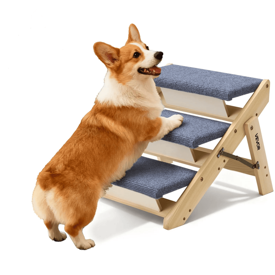 indoor wood pet stairs with carpeted steps