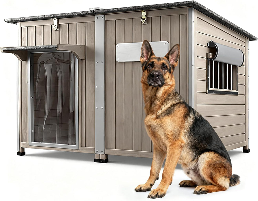 Dog standing in front of a wooden doghouse on a white background
