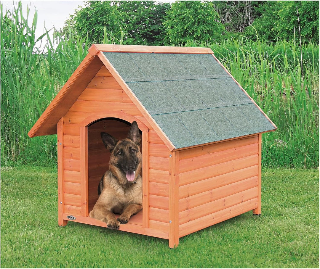 wooden dog house with a gray shingled -large with a German Shepherd