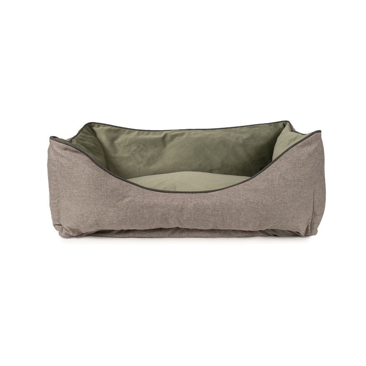 gray dog bed with scppo front