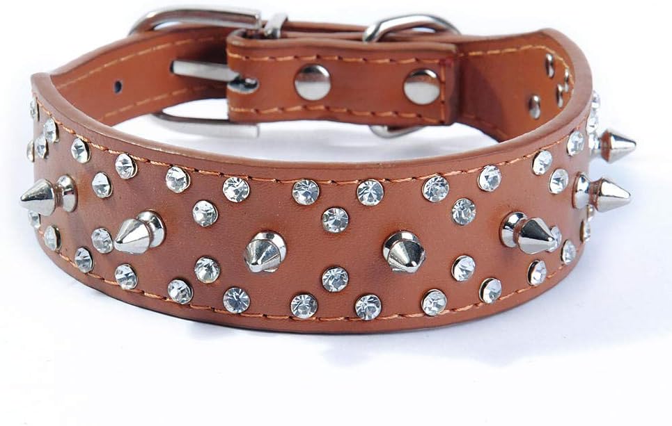 rhinestone- spike dog collar  brown- faux leather