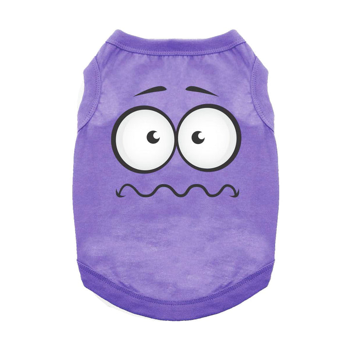 violet colr dog shirt with nervous face