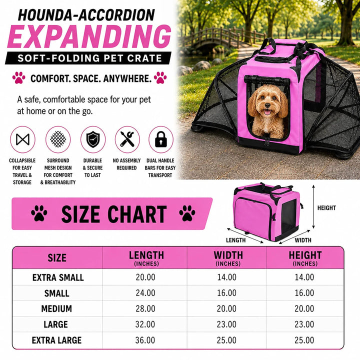 Pink expanding soft-folding pet crate with a dog inside, set against a scenic background.