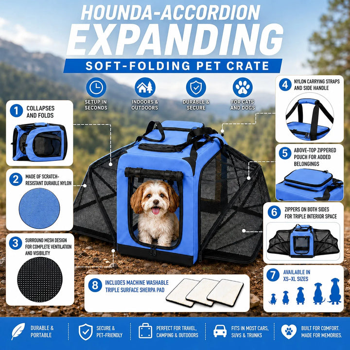 expanding soft-folding pet crate with features listed on a scenic background