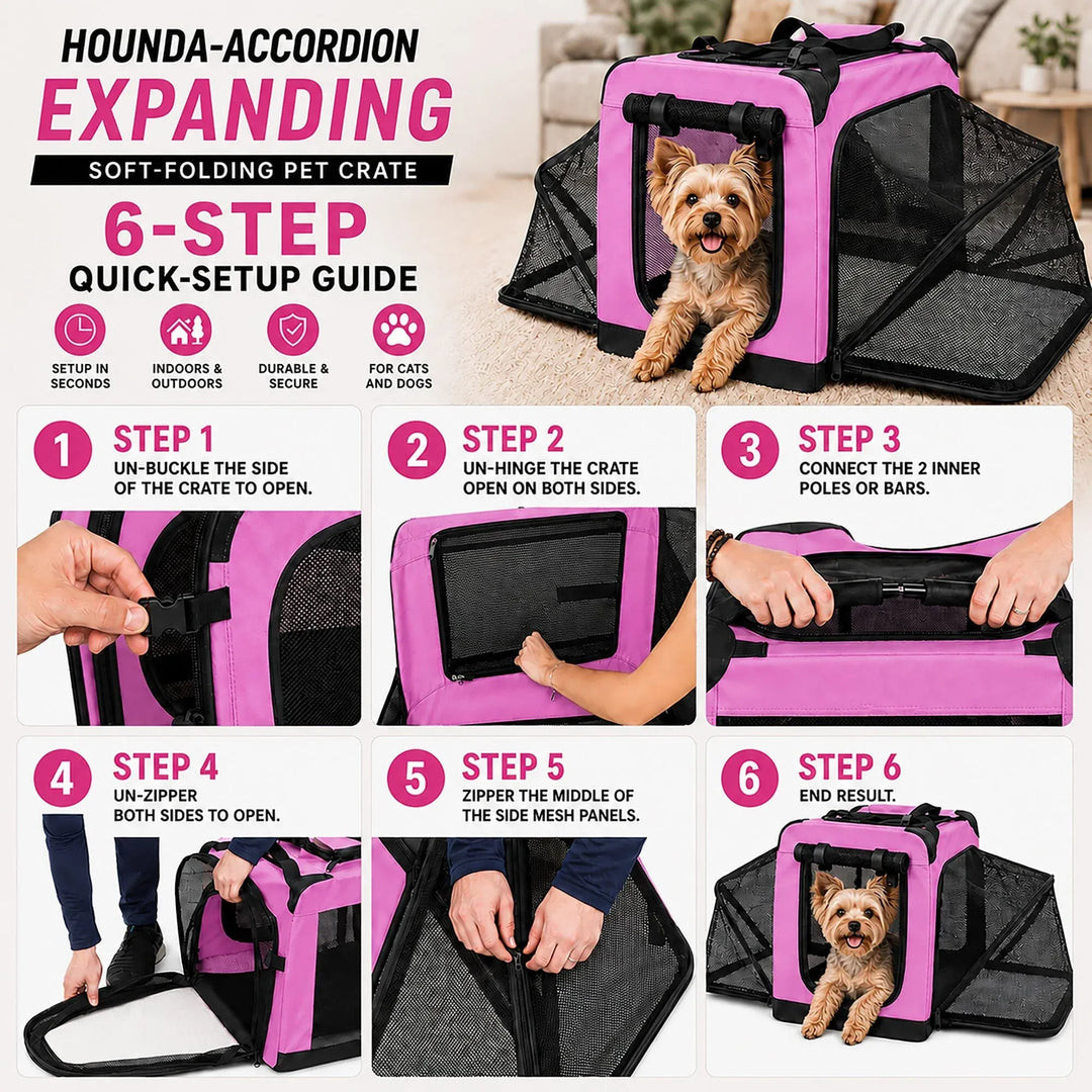 A promotional collage for a pink and black expanding pet crate. The top shows the fully opened crate with a small dog inside 