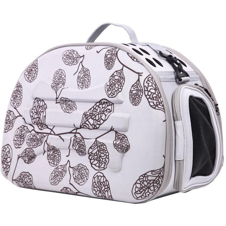 grey patterned pet carrier
