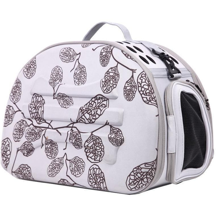 grey patterned pet carrier