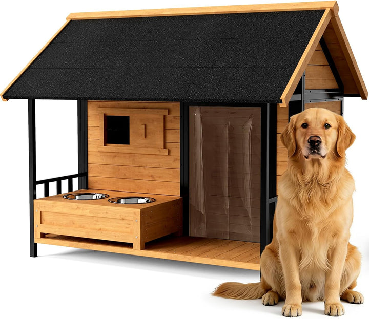 Wooden dog house with a black roof and covered porch area 