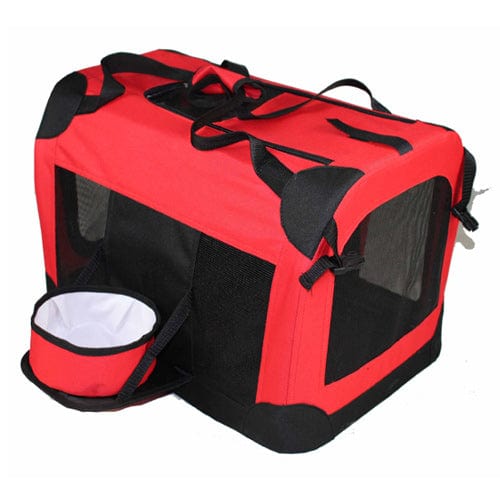 red foldable dog crate with bowl