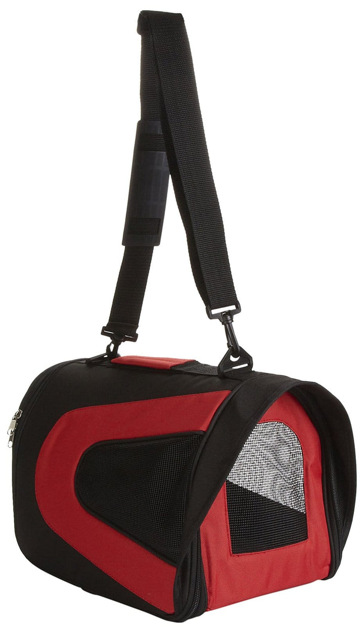 red smalldog carrier with shoulder strap -airpline approved.
