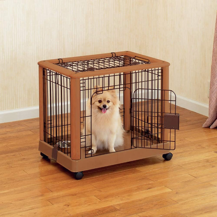 small dog crate with wheels showing dog and waterbowl