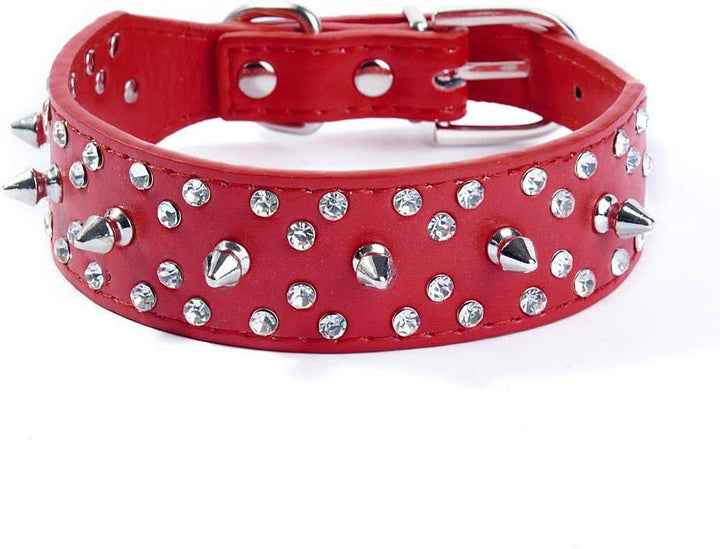 rhinestone- spike dog collar  red- faux leather