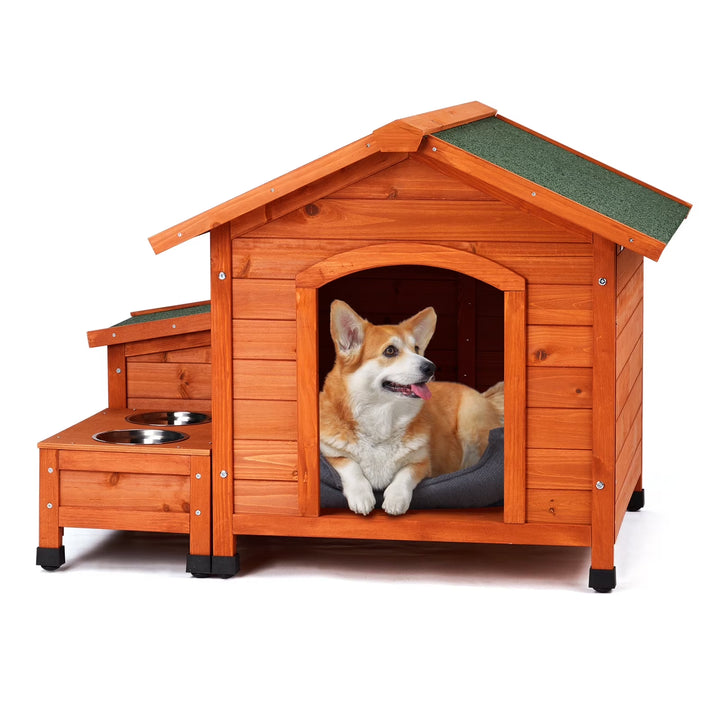 wood dog house with feeder and food storage box