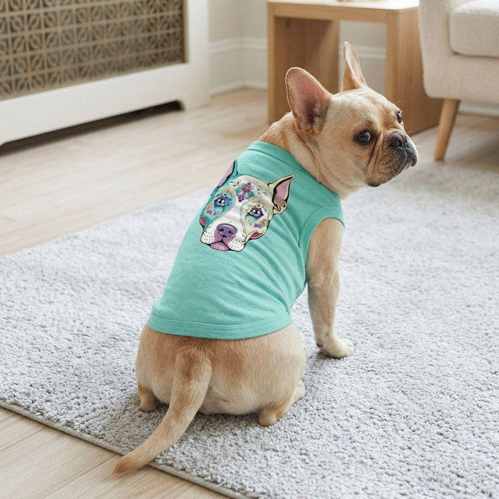  sleeveless mint green shirt with a colorful graphic of a dog&