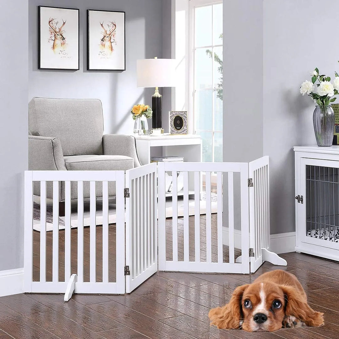 4 panel white freestanding dog gate indoor