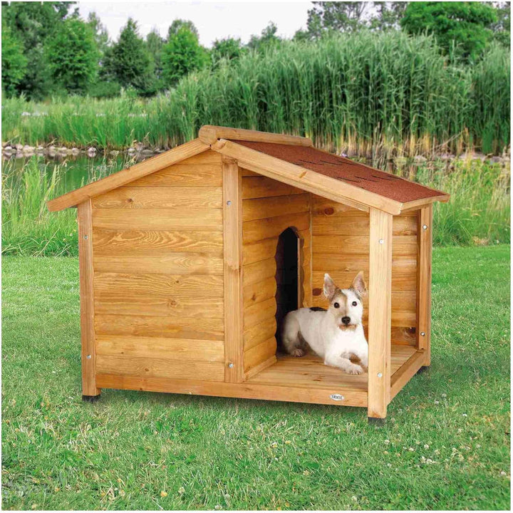 natural wood dog hosue with shingles -trixie