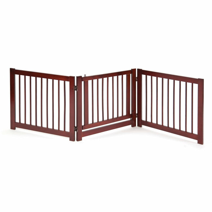 walnut indoor freestanding dog barrier gate with door