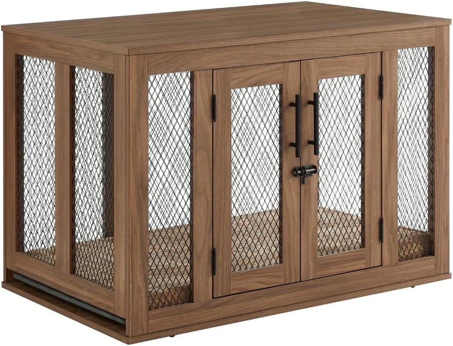 walnut finsh pet crate with double door locks