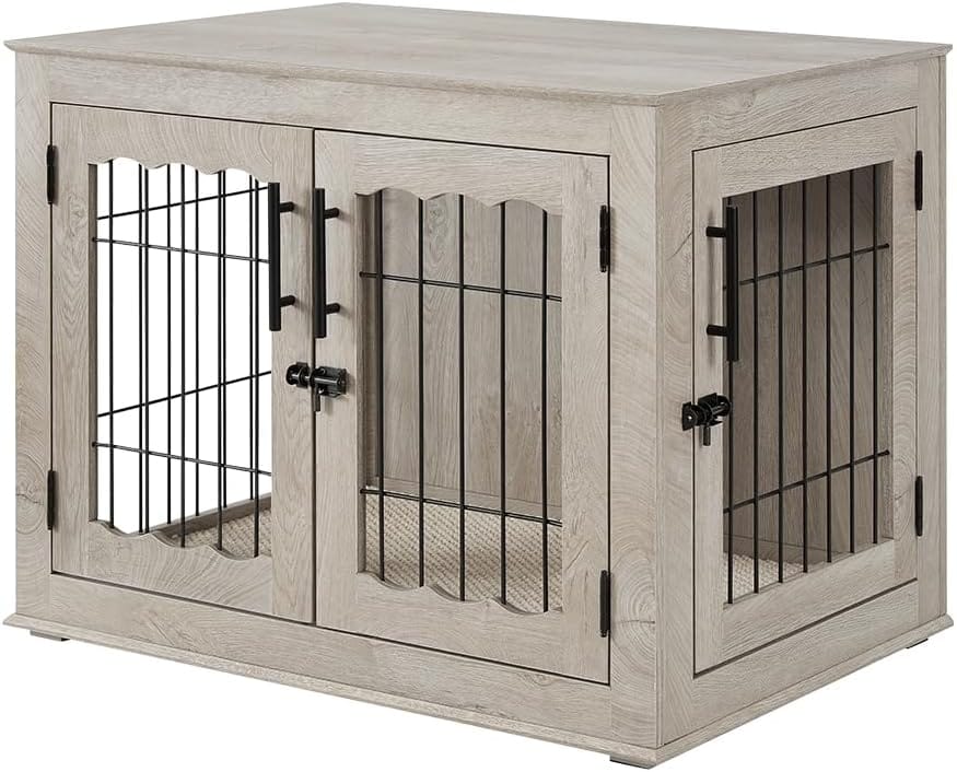  large wooden pet crate with a weathered light gray wood-grain finish and black metal wire doors